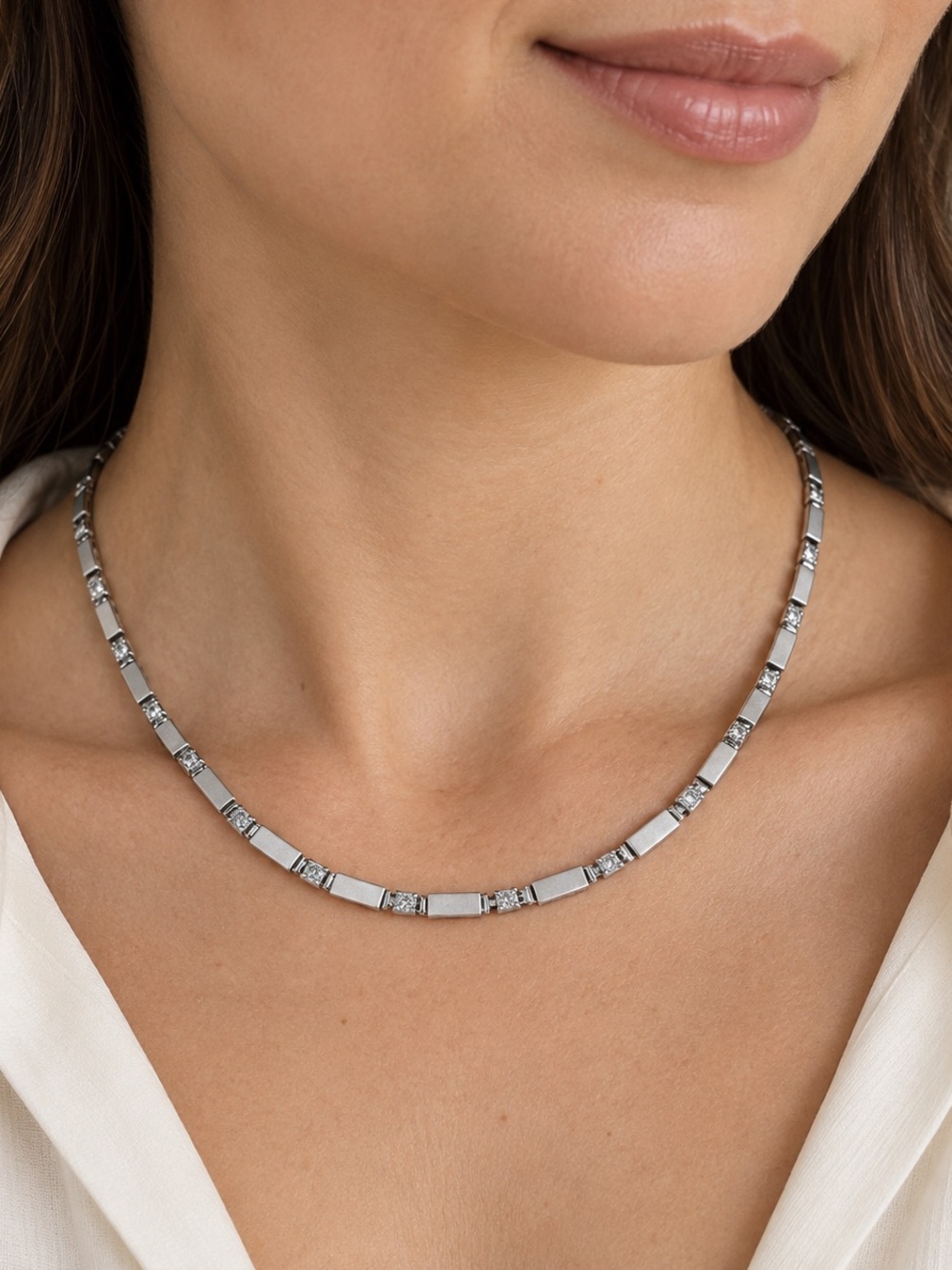 925 Sterling Silver Bar Link Tennis Necklace 17” Clear Stone Accents